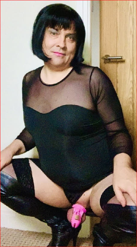 Limp-dicked sissy Abagail with locked clit exposed