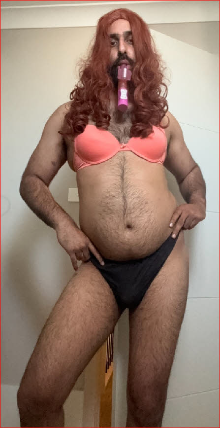 Sissy faggot Sammy stripped down to black bra and white panties