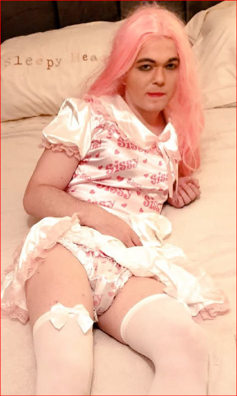 Failed male Dee in sissy dress and frilly knickers
