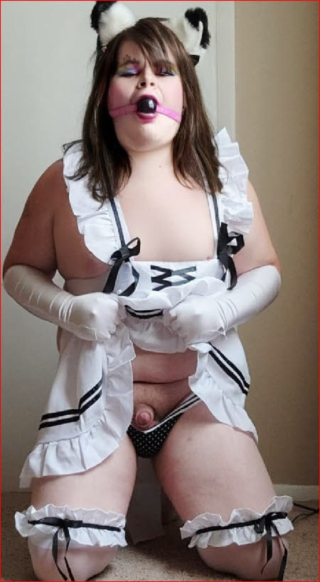Pathetic sissy maid Rose with clitoris exposed